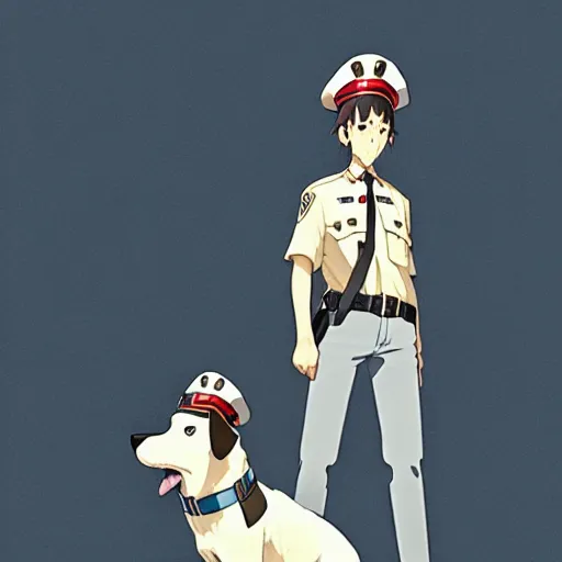 Image similar to dog as a mall cop, wearing a fun hat, makoto shinkai ghibli takashi takeuchi yoshiyuki sadamoto jamie wyeth james gilleard greg rutkowski chiho aoshima