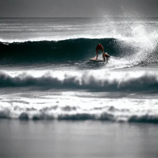 Prompt: a person surfing in the waves on the water, a photo by elliott erwitt, featured on flickr, figuration libre, chillwave, photo taken with provia, shot on 7 0 mm