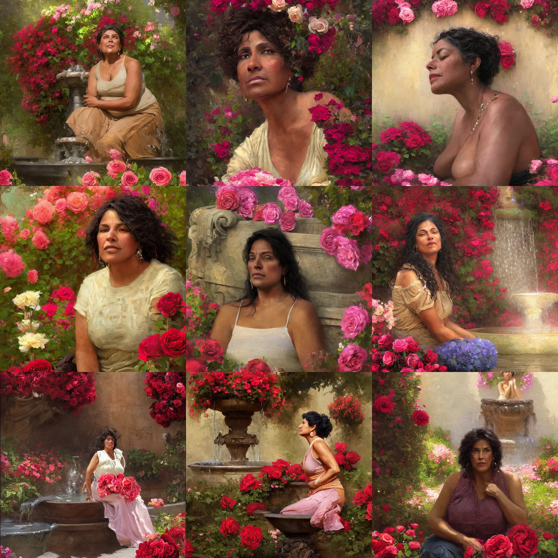 Prompt: digital art painting of a 5 0 years old latino brown skin woman seated at the edge of a fountain surrounded by roses and flowers painted by craig mullins and gaston bussiere and greg rutkowski, dramatic lighting, symmetrical facial features, symmetrical face, defined facial features, close up