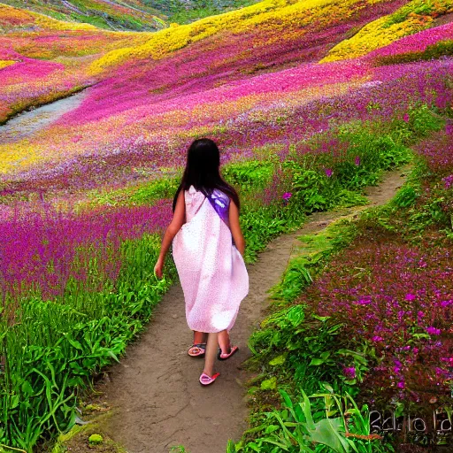 Prompt: girl walking thru the valley of flowers near the sea of dreams