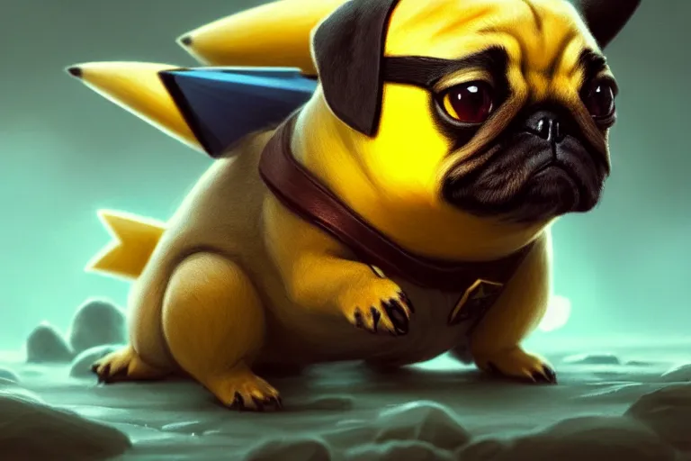 Image similar to photography of pikachu pug, deep focus, d & d, intricate, elegant, highly detailed, digital painting, artstation, concept art, matte, sharp focus, illustration, hearthstone, art by artgerm and greg rutkowski and alphonse mucha