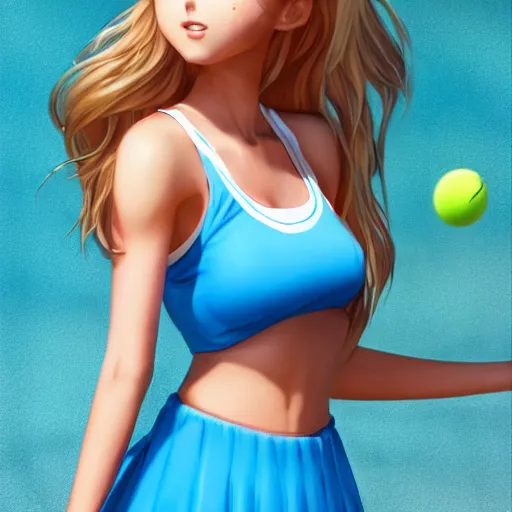 Prompt: a very beautiful proud young anime tennis girl, confident, full body, long wavy blond hair, sky blue eyes, full round face, bikini, miniskirt, front view, mid - shot, highly detailed, cinematic wallpaper by stanley artgerm lau