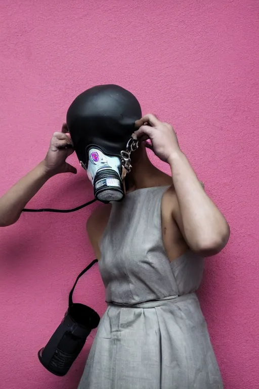 Prompt: a surreal portrait of a woman wearing a gas mask stuck in trash next to a pink wall in the style of brooke didonato, editorial fashion photography from vogue magazine, full shot, nikon d 8 1 0, ƒ / 2. 5, focal length : 8 5. 0 mm, exposure time : 1 / 8 0 0, iso : 2 0 0