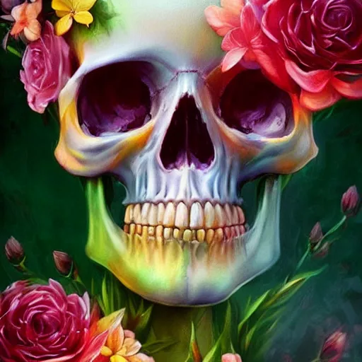 Image similar to colorful skull in flowers, by lise deharme, digital art, detailed masterpiece