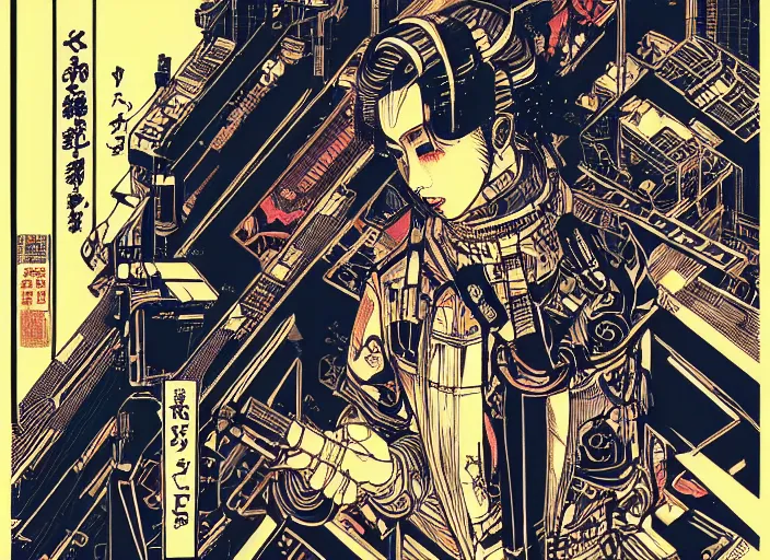 Prompt: futuristic japanese cyberpunk bladerunner silk screen by utagawa yoshiiku, ohara koson, pixiv contest winner, cyberpunk style, cyberpunk color scheme, mechanical, robotic, human machine interface, high resolution, hd, bold clear lines