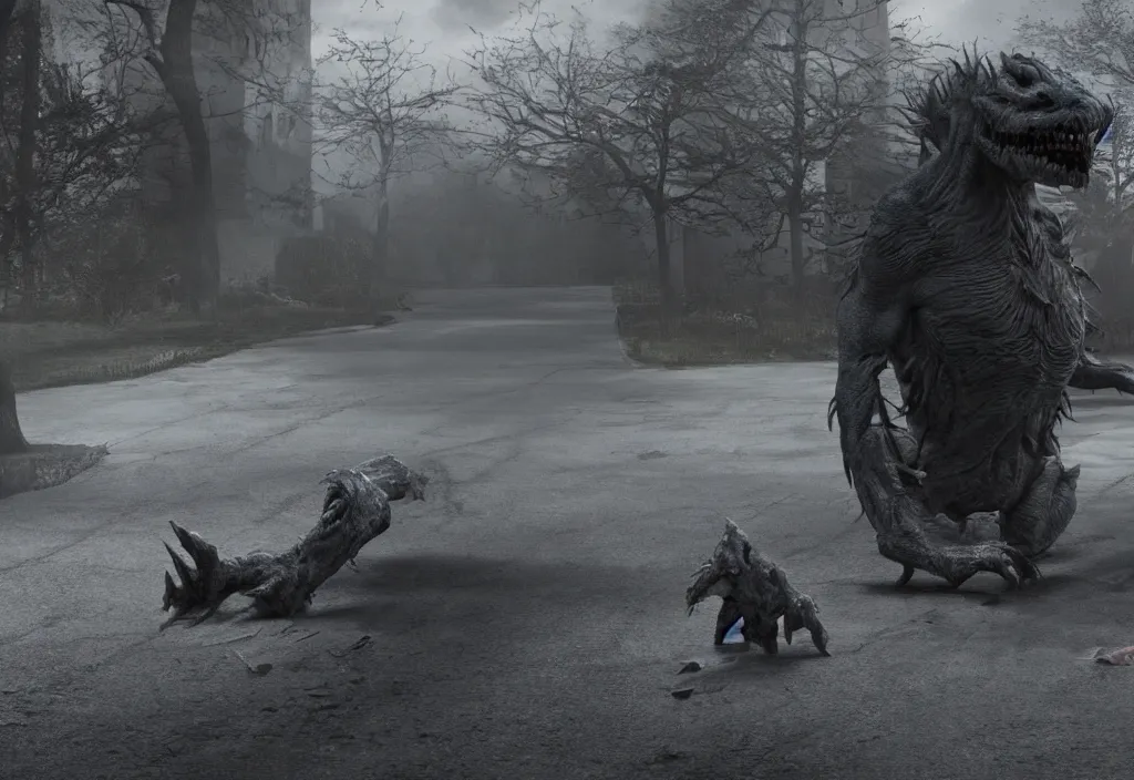 Prompt: vfx film, monster creature by aaron sims, in residential street, low - key lighting award winning photography arri alexa cinematography, hyper real photorealistic cinematic beautiful, atmospheric