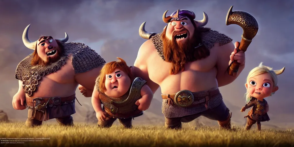 Image similar to adorable vikings, pixar render, brilliant style by Artstation, Artstation Trending, cgsociety, high quality, very coherent, ultra realism, high definition, post processing, unreal engine, 8k, high resolution, octane render, high contrast, 4k UHD, photographic, digital art, artstation,