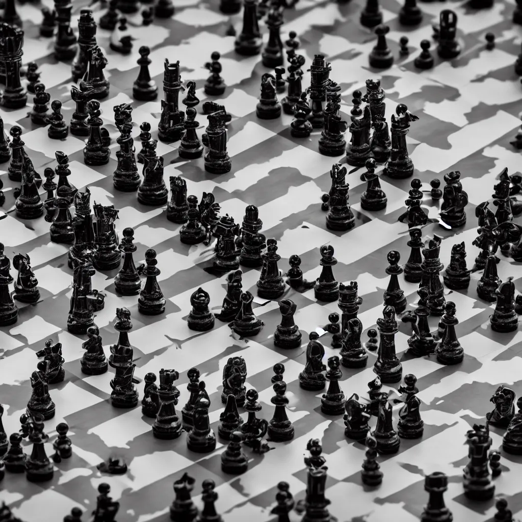 Prompt: closeup shot of black demon creatures versus white Angelic creatures as chess pieces on chessboard resembling battle field, fire and smoke effect, cinematic lighting, photo realistic image, 4K, super detailed, cinematic look