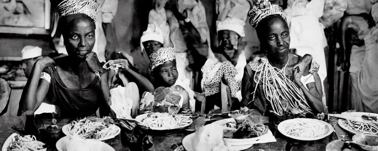 Prompt: queen nzinga mbande of angola, enjoying a feast of spaghetti, in the style of diane arbus, canon 5 0 mm, kodachrome, retro