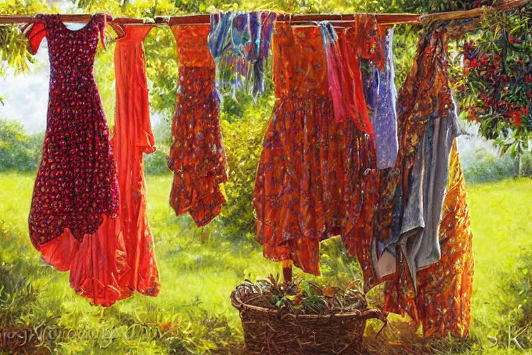 Prompt: summer dresses drying in the sun, created by Mark Keathley