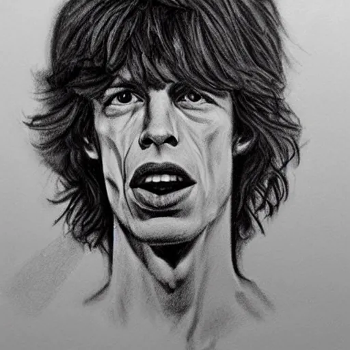 Image similar to rough sketch charcoal portrait of young mick jagger, angled with thick grainy straight strokes around, trending on instagram