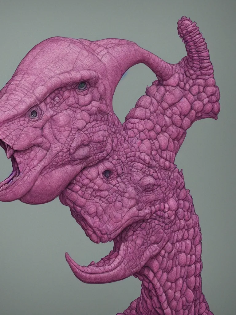 Image similar to a pink dinosaur with a human head with photorealistic level of detail