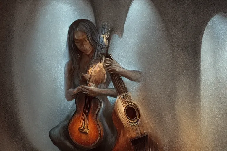 Prompt: an empty brutalist chamber, lonely, somber, a cursed lute, oud, guitar designed by brian froud leans against the wall alone, abandoned. a thin wisp of smoke rises from the lute. late afternoon lighting cinematic fantasy painting by jessica rossier