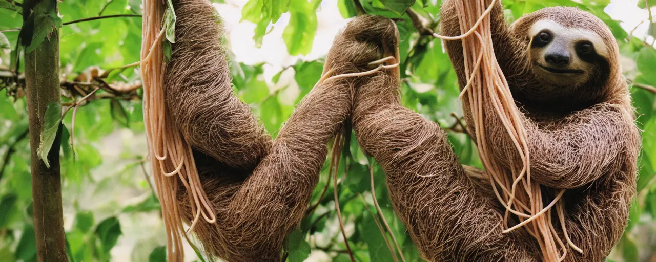 Image similar to a sloth eating spaghetti off a tree, in the style of national geographic, canon 5 0 mm, kodachrome, retro