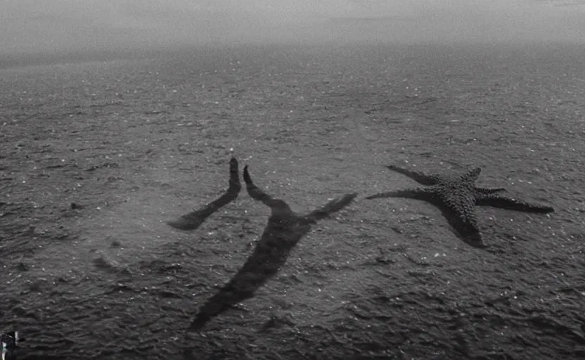 Image similar to found drone footage of a giant Kaiju monster with starfish-like arms, trampling over Pyongyang, long cast shadows, rimlight, film grain, underexposed, epic action, monochrome