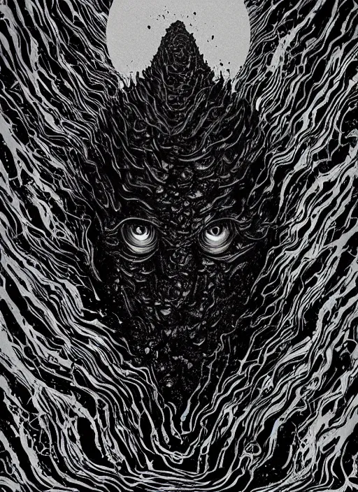 Prompt: twin peaks poster art, black dragon made of ferrofluid, viscous, sticky, full of black goo, splattered black goo, dripping black goo, splattered goo, by michael whelan, rossetti bouguereau, artgerm, retro, nostalgic, old fashioned