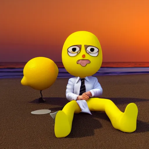 Image similar to 3 d render, chibi lemon character with an angry look on his face, he is wearing a hat, relaxing on the beach at sunset