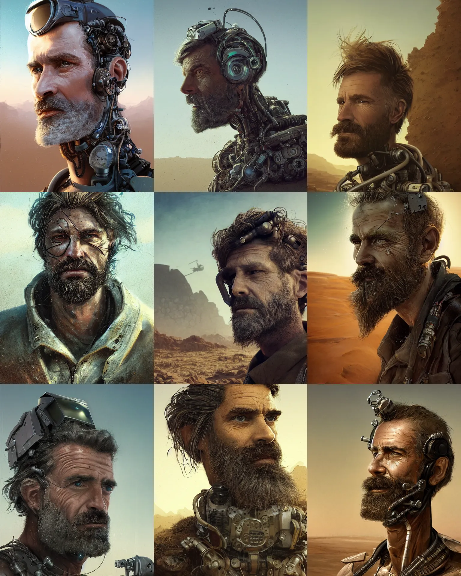 Prompt: a rugged middle aged engineer man with cybernetic enhancements and unique hair hair lost in the desert, scifi character portrait by greg rutkowski, esuthio, craig mullins, short beard, green eyes, 1 / 4 headshot, cinematic lighting, dystopian scifi gear, gloomy, profile picture, mechanical, half robot, implants, steampunk