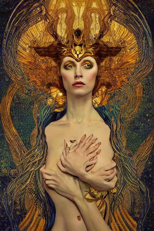 Image similar to Intermittent Chance of Chaos Muse by Karol Bak, Jean Deville, Gustav Klimt, and Vincent Van Gogh, Rebirth, Loki's Pet Project, Poe's Angel, Surreality, inspiration, imagination, sacred muse, otherworldly, fractal structures, arcane, ornate gilded medieval icon, third eye, spirals