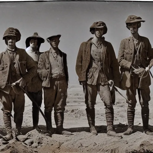 Image similar to ultra detailed photorealistic sepia - toned photo from 1 9 1 7, three clean - shaven british soldiers standing with two bedouin traders, at an archaeological dig site, ultra realistic, painted, intricate details, lovecraft, atmospheric, dark, horror, brooding, highly detailed, by clyde caldwell