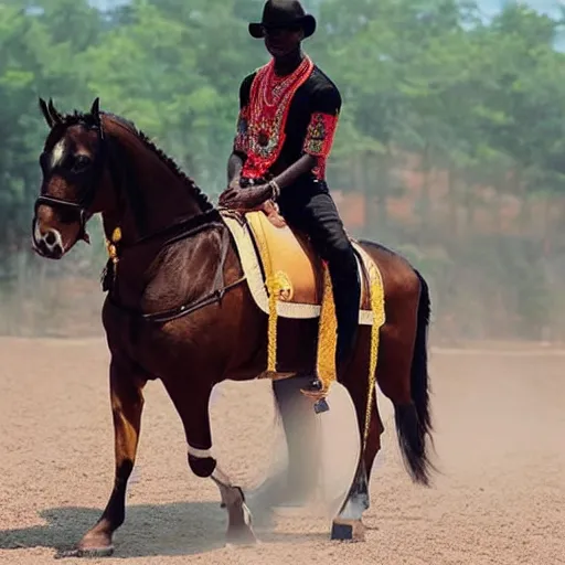 Image similar to wizkid riding a horse.