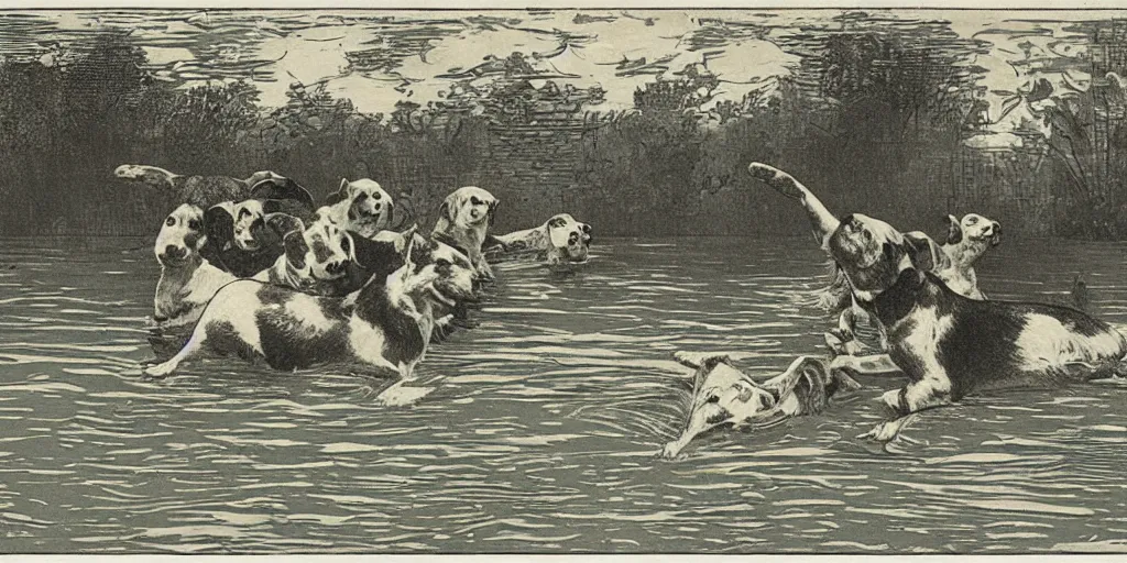 Prompt: a flat illustration of dogs swimming in a wide pool, vaudevillian, from 1890, detailed, vignette, high quality scan, yellowish, greenish