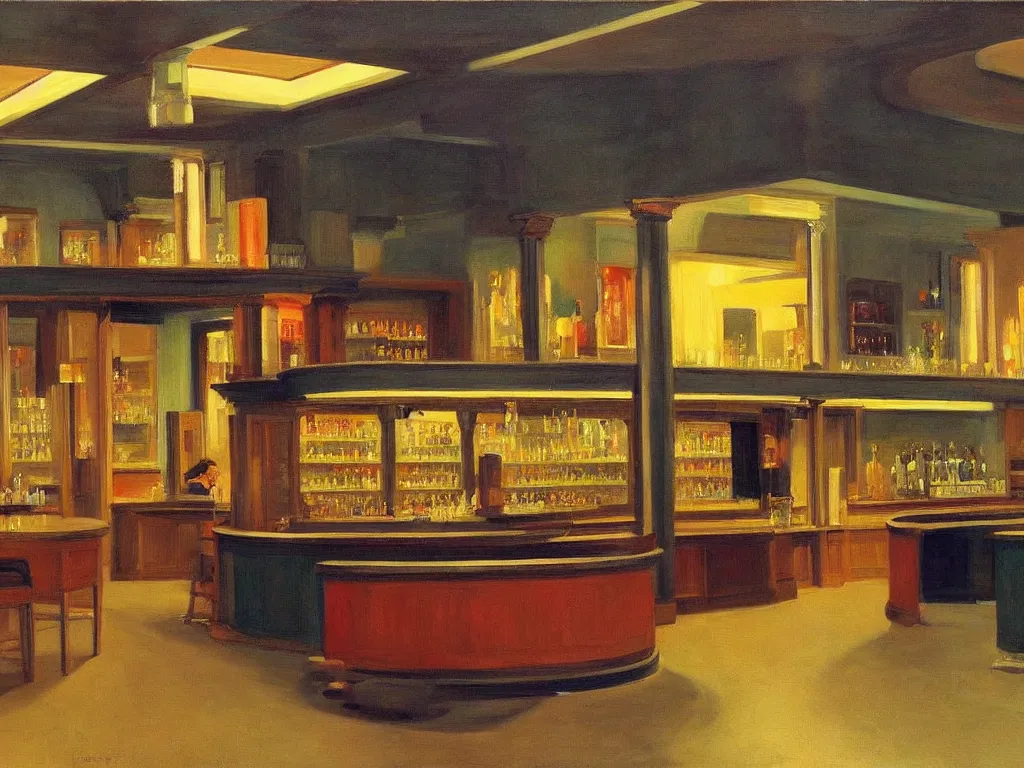 Image similar to interior view of an empty bar in the 70s with a jukebox at night, ultra view angle view, realistic detailed painting by edward hopper