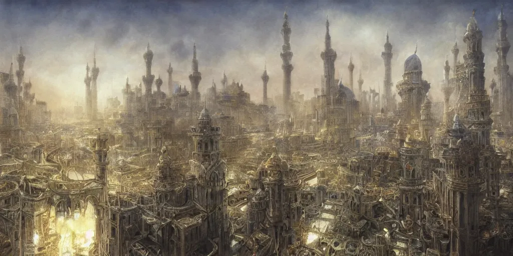 Prompt: a beautiful painting of epic fantasy islamic city by alan lee, trending on artstation