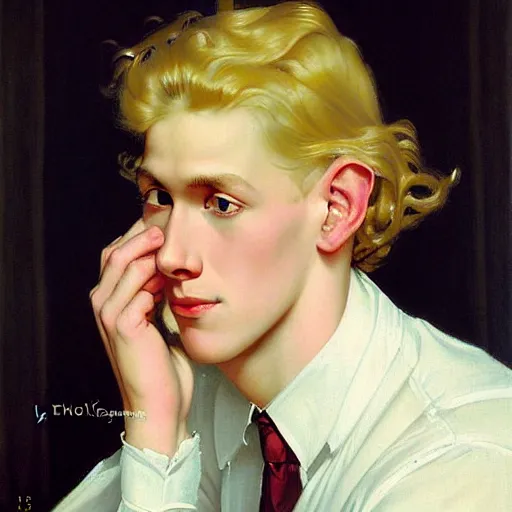Image similar to beautiful portrait painting of the androgynous pale blond prince Lucius with long curly blond hair, delicate young man wearing an open white dress shirt smiling sleepily at the viewer, curtain bangs over his eyebrows, symmetrically parted fringe, in love by J.C Leyendecker and Norman Rockwell