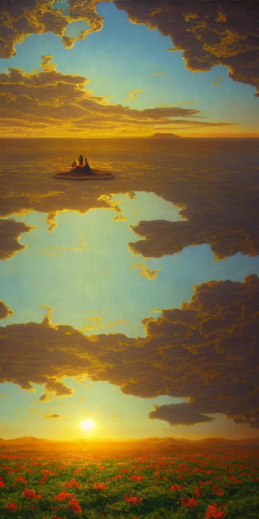 Image similar to symmetry!! a surreal landscape of a dream, lucid dream, people, very detailed, serene, peaceful, golden hour, perfect lighting, perfect composition, digital art, illustration, frederic edwin church, rene magritte, 4 k