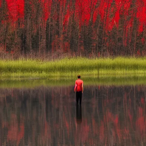 Prompt: a lonely dark figure wading through a red lake