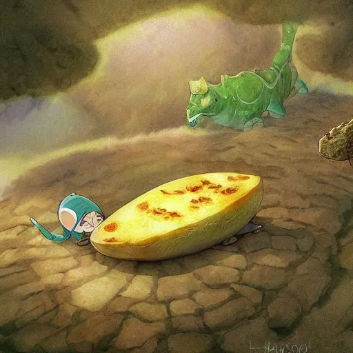 Prompt: Dinosaur Egg Omelette, fantasy art, illustration, natural, fantasy, art by Hayao Miyazaki, Makoto Shinkai