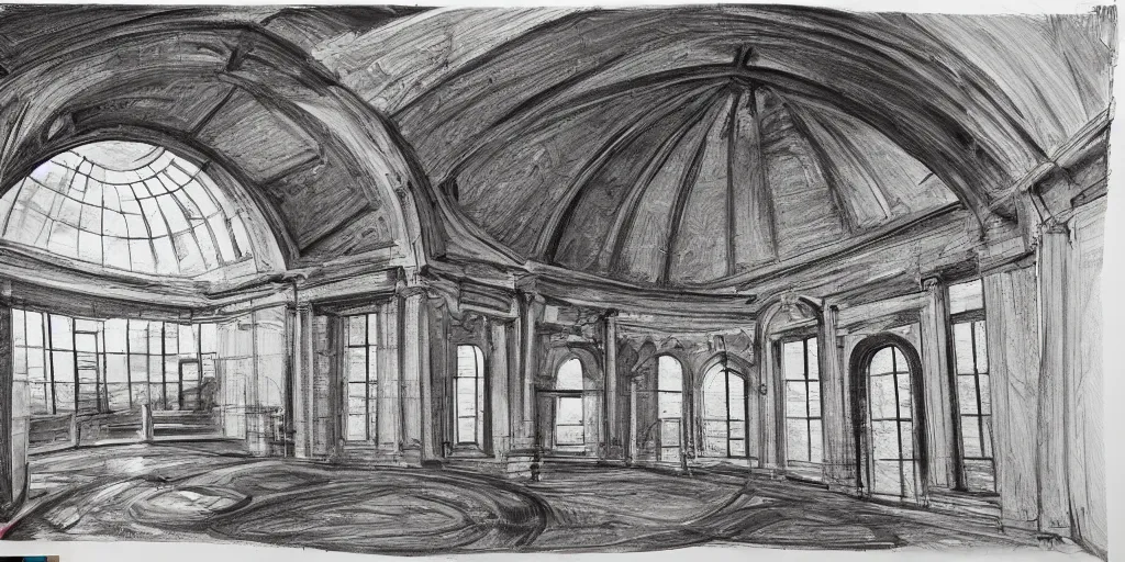 Image similar to hyper real, hyper detailed mat - painting sketch of an arch and dome interior with windows to gaze at the stars at night in a large recessed living room in the country with a view of a forest out side