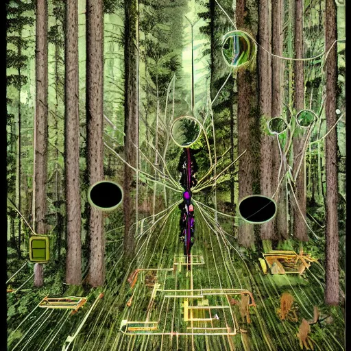 Image similar to a cybernetic ecology. joined back to nature, all watched over by machines of loving grace. a cybernetic forest filled with pines and electronics where deer stroll peacefully past computers as if they were flowers with spinning blossom