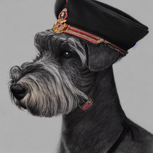 Image similar to portrait of stoic looking miniature schnauzer, military uniform, black fir, white eyebrows, fantasy, intricate, elegant, highly detailed, centered, dark, smokey, charcoal painting, digital painting, artstation, concept art, smooth, sharp focus, illustration, art by artgerm and greg rutkowski and alphonse mucha