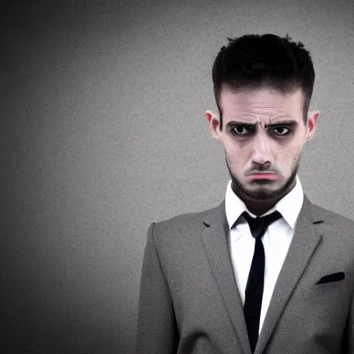 Image similar to man wearing a suit made of broken dreams, portrait, realistic, dark, eerie, sharp focus