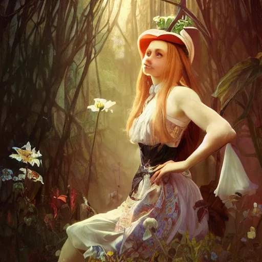 Image similar to portrait of alice in wonderland, dramatic lighting, high detail, painted, by greg rutkowski, painted by stanley artgerm, painted by alphonse mucha, trending on artstation