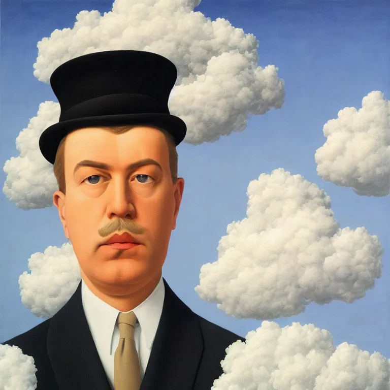 Prompt: portrait of a man made out of clouds, by rene magritte, detailed painting, hd, hq, high resolution, high detail, 4 k, 8 k