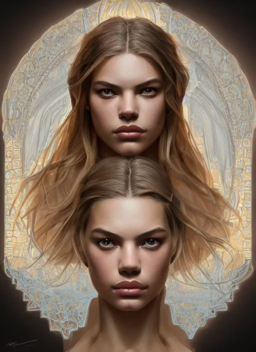 Image similar to symmetry!! hailey clauson, machine parts embedded into face, intricate, elegant, highly detailed, digital painting, artstation, concept art, smooth, sharp focus, illustration, art by artgerm and greg rutkowski and alphonse mucha, 8 k