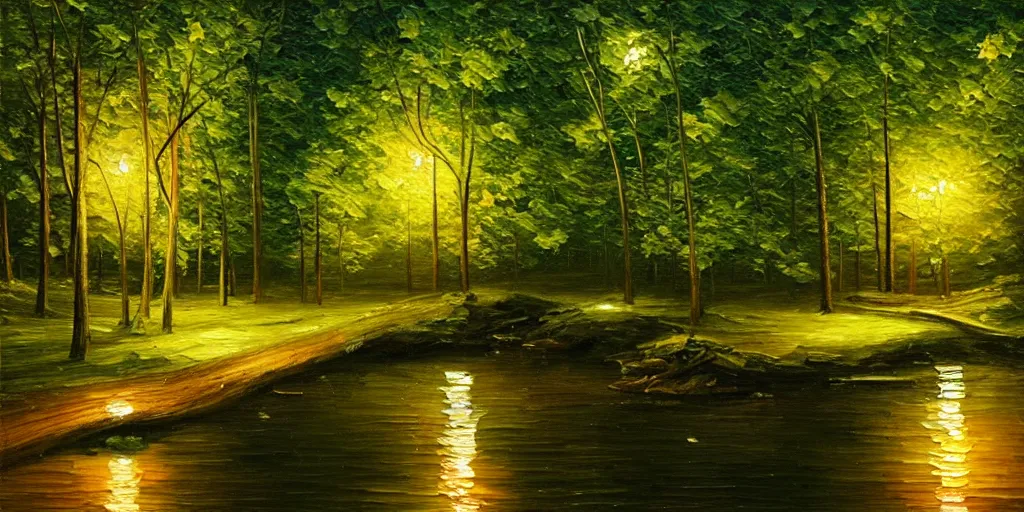 Image similar to nighttime nature landscape, lush, rich greenery, oil painting, ultra realistic, intricate, highly detailed, hd, sharp focus, warm colors, realistic, vivid colors, painting, non blurry, sharp, smooth, illustration