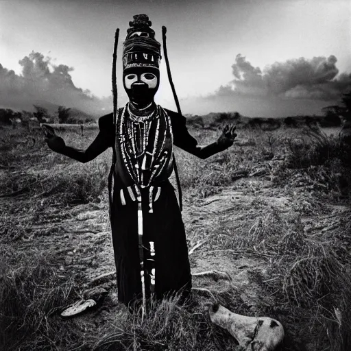 Image similar to black and white photo, portrait of Congolese voodoo master by sebastiao salgado, realistic, Leica, medium format, cinematic lighting, parallax, high resolution,