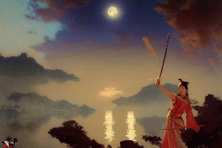 Image similar to wuxia, moon, river, night, painting by gaston bussiere, craig mullins, j. c. leyendecker