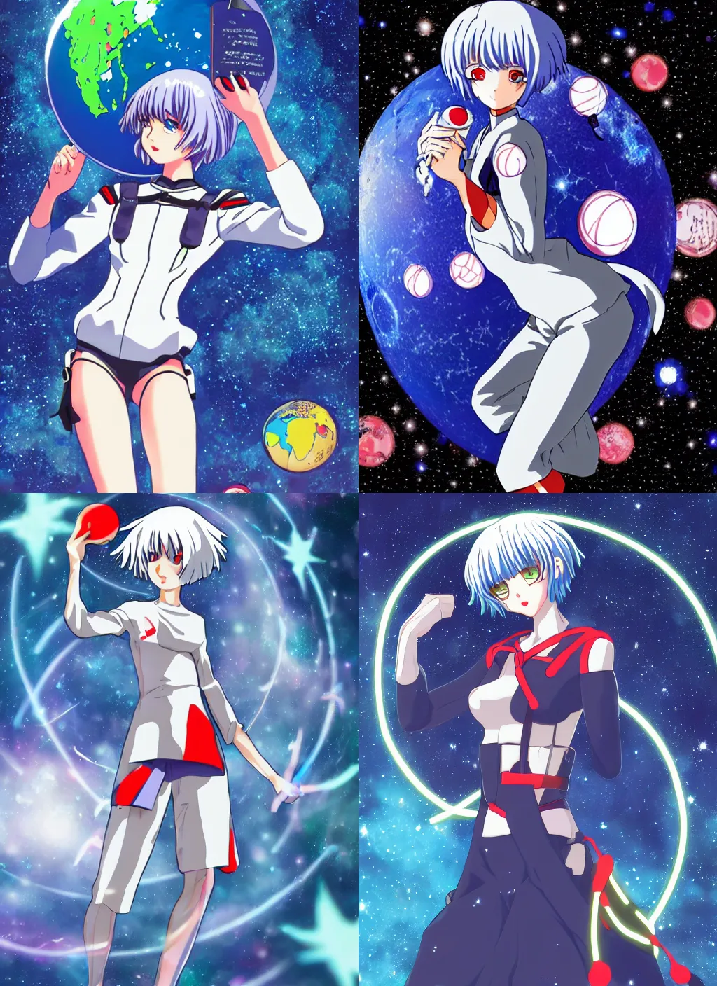 Prompt: Rei ayanami from neon genesis evangelion holding a globe in her hands with a background of stars, anime, digital art, pixiv, zerochan