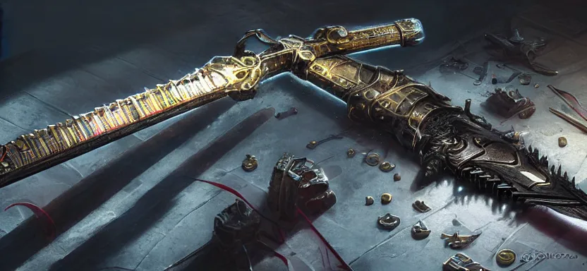 Prompt: legendary sword of cybernetic technology lying flat on a glowing table with a long sharp black and iridescent sword blade, digital award winning hd matte painting, intimate dark moody, intricate, ornate spikes, colorful hilt, detailed realistic, raytraced blade, colored gems, golden pommel, in the style of greg rutkowski and krenz cushart, deviantart