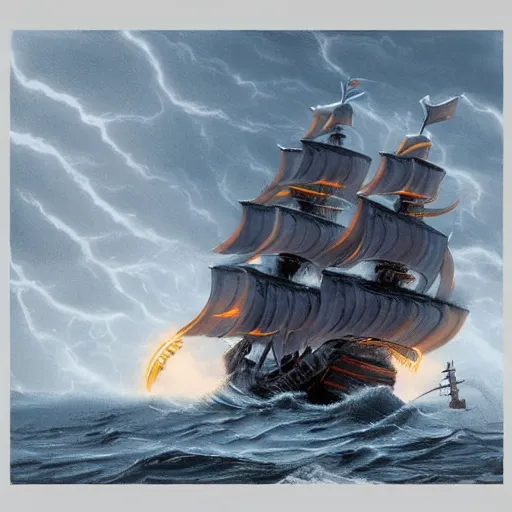 Image similar to pirate ship at sea, big storm with lightnings and tornado, trending on artstation