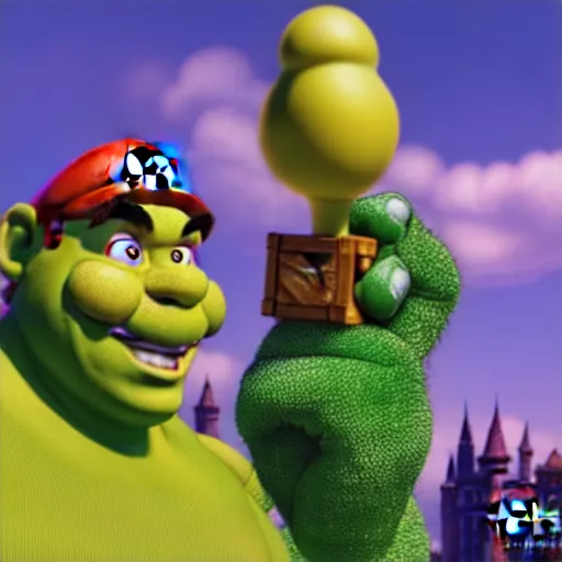 Prompt: super mario as shrek, highly detailed, extremely high quality, hd, 4 k, 8 k, canon 3 0 0 mm, professional photographer, 4 0 mp, lifelike, top - rated, award winning, realistic, detailed lighting, detailed shadows, sharp, no blur, edited, corrected, trending