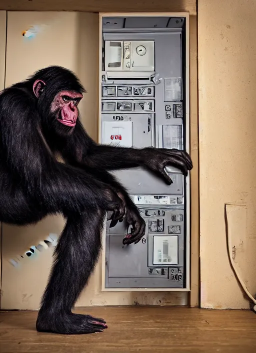 Prompt: scary half human half ape inside fuse box in post communist apartment building