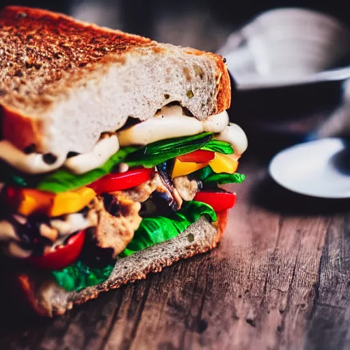 Image similar to close up high resolution photo of vegan sandwich, very tasty, food photography, instagram, trending