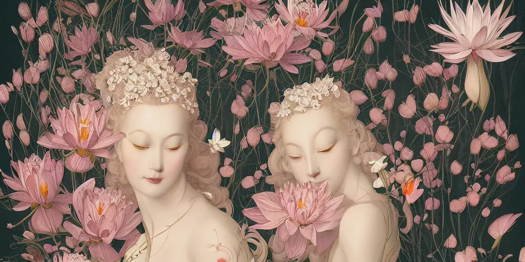 Image similar to breathtaking detailed concept art painting art deco pattern of blonde faces goddesses amalmation lotus flowers with anxious piercing eyes and blend of flowers and birds, by hsiao - ron cheng and john james audubon, bizarre compositions, exquisite detail, extremely moody lighting, 8 k