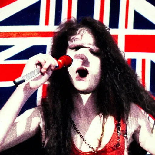 Image similar to 1 9 - year - old girl in a traditional doom metal band, new wave of british heavy metal, live in concert, live 1 9 8 6, united kingdom flags, union jack, playing electric guitar, headbanging crowd of longhairs, audience of longhairs, super 8 mm, grainy photo, colorized